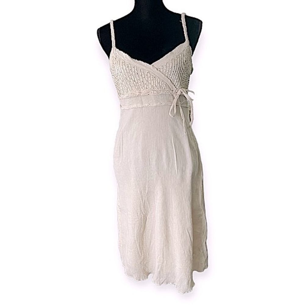 Old Navy women’s vintage Y2K beaded mock wrap dress babydoll beige size 8 summer